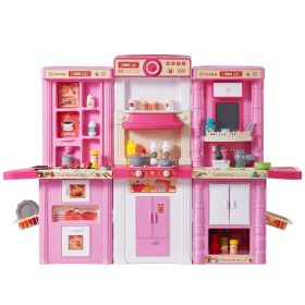 Kids Kitchen Playset, 3-in-1 Toddler Kitchen with Simulated Spray, Sounds and Lights, Play Kitchen Set with 74 PCS Cooking Accessory Set for Toddlers (product color: Pink, Product Type: 3 in 1)